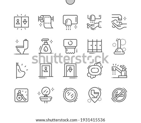 Toilet, restroom. Toilet paper. Hand dryer. Bathroom, domestic, household, washroom, wash, sanitary and hygiene. Pixel Perfect Vector Thin Line Icons. Simple Minimal Pictogram