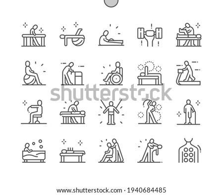 Physiotherapy. Massotherapy and acupuncture. Physical exercise. Rehabilitation. Health care, medical and medicine. Pixel Perfect Vector Thin Line Icons. Simple Minimal Pictogram Imagine de stoc © 