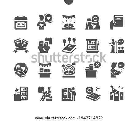 World Book and Copyright Day. Library, literature and education. Book exhibition. Celebrating, party and holiday. Public reading of books. Vector Solid Icons. Simple Pictogram
