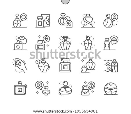 Perfume. Women's and man's perfume. Discount perfume. Aromatic, odor, freshness, cosmetic and perfumery. Pixel Perfect Vector Thin Line Icons. Simple Minimal Pictogram 商業照片 © 