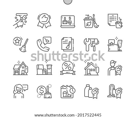 Cleaning service. Best quality. Professionals and happy clients. Eco friendly cleaning. Pixel Perfect Vector Thin Line Icons. Simple Minimal Pictogram