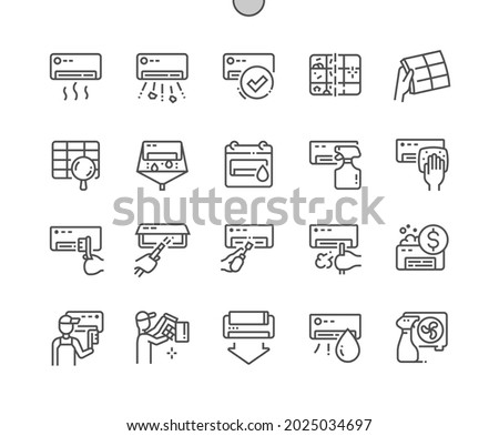 Air conditioning cleaning. Before and after. Price. Detergent. Cleaning service. Pixel Perfect Vector Thin Line Icons. Simple Minimal Pictogram