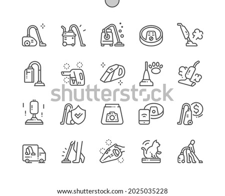 Vacuum cleaner. Cleaning service. Man vacuuming. House cleaner. Robotic vacuum. Pixel Perfect Vector Thin Line Icons. Simple Minimal Pictogram