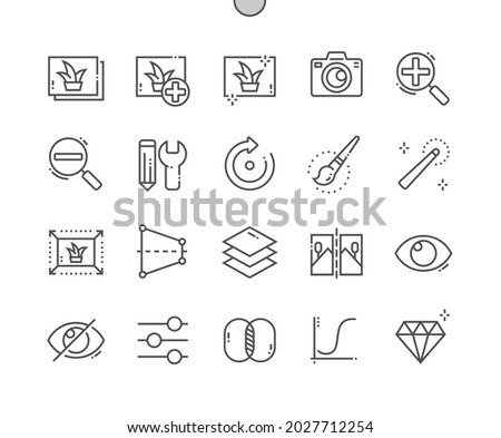 Photo Editing. Autocorrect and rotation. Image retouch, mobile interface and editor. Double exposure. Pixel Perfect Vector Thin Line Icons. Simple Minimal Pictogram
