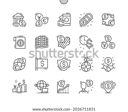 International Monetary Fund. Bank. Currency exchange. Financial deal. World currency. Pixel Perfect Vector Thin Line Icons. Simple Minimal Pictogram