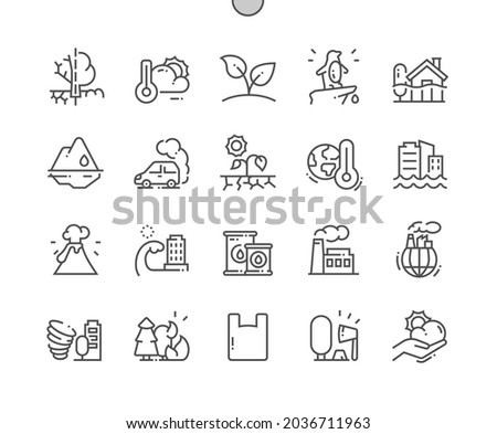 Ecology. Climate change. Weather, sprout, volcano, drought. Forest fire. Air pollution. Pixel Perfect Vector Thin Line Icons. Simple Minimal Pictogram Foto stock © 