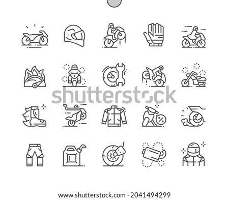 Motorcycles. Sport bike. Transportation, drive, motorbike, motion, extreme and speed. Motorcyclist. Pixel Perfect Vector Thin Line Icons. Simple Minimal Pictogram