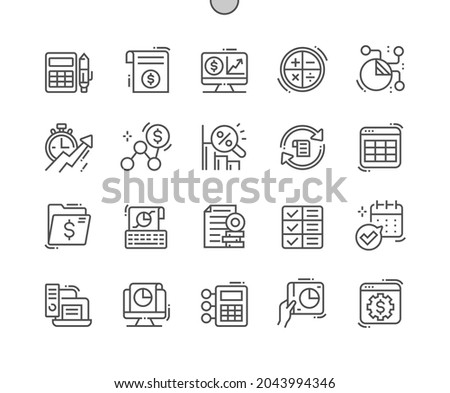 Digital accounting. Search for profit. Deadline, charts and budget. Investment, statistics, business, growth and economy. Pixel Perfect Vector Thin Line Icons. Simple Minimal Pictogram
