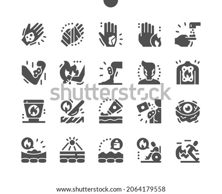 Skin Burns. Health care, medical and medicine. Bandaged hand. Skin burn spray. Sunburn skin. Ointment for burns. Vector Solid Icons. Simple Pictogram