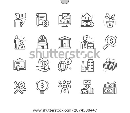 Investments. Bank, business, finance and money. Dollar bill. Contract, certificate and statistics. Pixel Perfect Vector Thin Line Icons. Simple Minimal Pictogram
