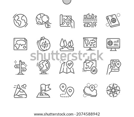 Geography. Map with compass. Wind rose. World map. Earth. Continent, study, discovery, navigation. Pixel Perfect Vector Thin Line Icons. Simple Minimal Pictogram