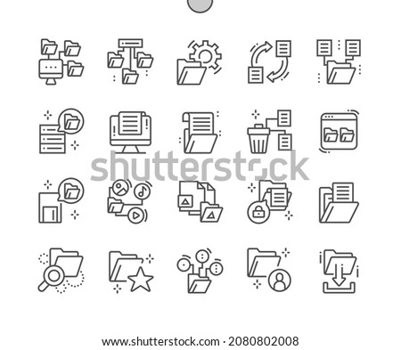 Organizing file. Folder settings. Delete files. Administrator data. Paper, office, archive and paperwork. Pixel Perfect Vector Thin Line Icons. Simple Minimal Pictogram