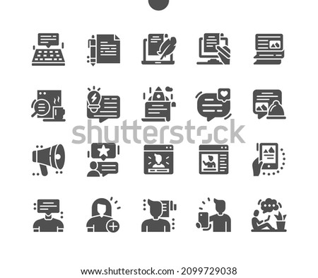 Blog. Content searching. Streaming, rating, profile, add user, blogger. Communication and network. Vector Solid Icons. Simple Pictogram