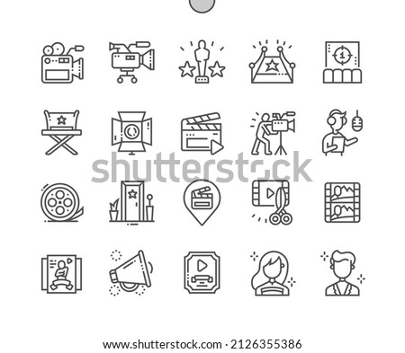 Film industry. Directors chair. Camera operator. Poster film. Dubbing. Pixel Perfect Vector Thin Line Icons. Simple Minimal Pictogram