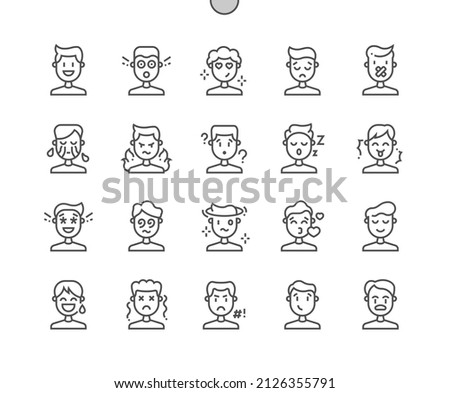 Male human emotions. Man and boy face. Disappointed, happy, confused, cursing, shocked and other. Pixel Perfect Vector Thin Line Icons. Simple Minimal Pictogram
