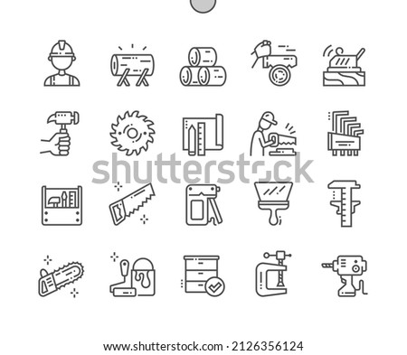 Carpentry. Woodwork. Sanding machine. Builder, wood and toolbox. Finished product. Pixel Perfect Vector Thin Line Icons. Simple Minimal Pictogram