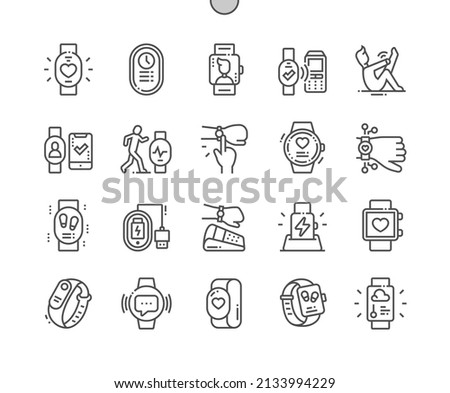 Fitness bracelet. Nfc payment. Running. Pedometer. Pixel Perfect Vector Thin Line Icons. Simple Minimal Pictogram Foto stock © 