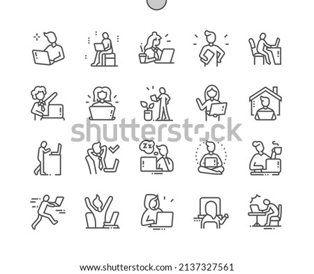 User with laptop. Remote work freelance. Home leisure. Network. Pixel Perfect Vector Thin Line Icons. Simple Minimal Pictogram