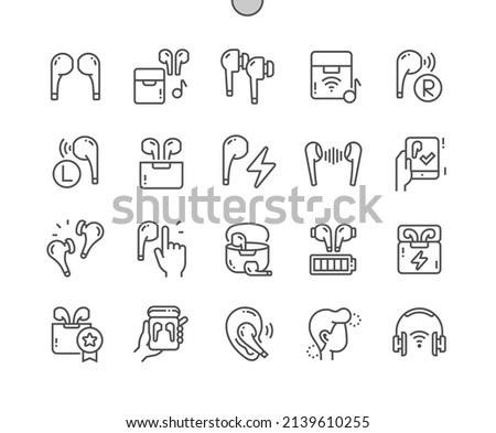 Wireless earbuds. Phone pairing. Headphone. Listen sound. Pixel Perfect Vector Thin Line Icons. Simple Minimal Pictogram