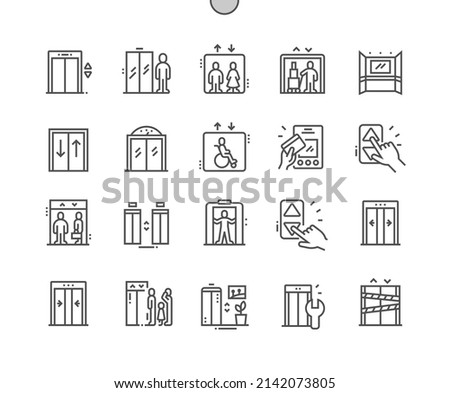 Elevator. Open and close doors. Service lift. Pixel Perfect Vector Thin Line Icons. Simple Minimal Pictogram