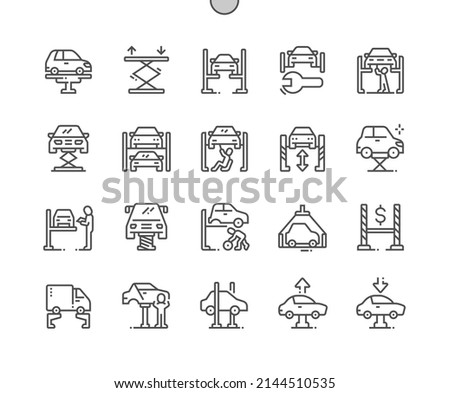 Car lift. Wheel replacement. Auto mechanic working. Car service and repair. Pixel Perfect Vector Thin Line Icons. Simple Minimal Pictogram