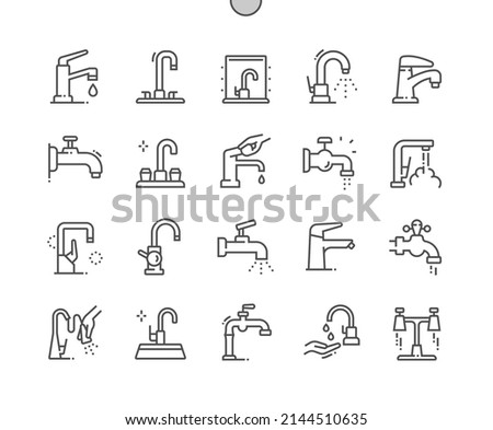 Faucet. Water drop. Bathroom. Kitchen faucet. Pixel Perfect Vector Thin Line Icons. Simple Minimal Pictogram
