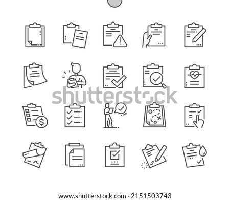 Clipboard. Contract, results, checklist. Page, list, paper and document. Pixel Perfect Vector Thin Line Icons. Simple Minimal Pictogram