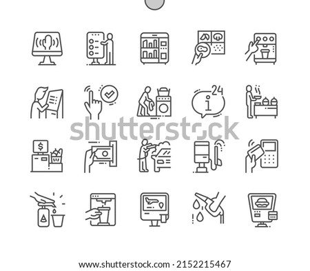 Self service kiosk. Making coffee. Automatic mahine. Customer support. Pixel Perfect Vector Thin Line Icons. Simple Minimal Pictogram