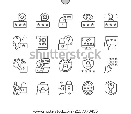 Password. Login and key. Fingerprint. Forgot password. Data security. Pixel Perfect Vector Thin Line Icons. Simple Minimal Pictogram