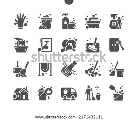 Cleaning. Furniture cleaning. Wash dishes. Cleaning worker. Carpet cleaning. Vector Solid Icons. Simple Pictogram