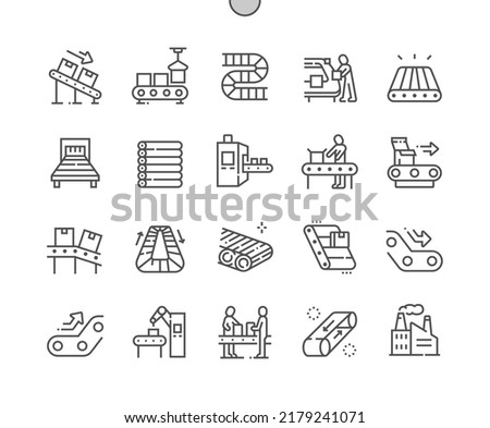 Conveyor factory. Automated production. Engineering and robotic industry. Conveyor belt. Pixel Perfect Vector Thin Line Icons. Simple Minimal Pictogram Stockfoto © 