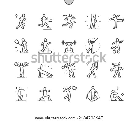 Sport people. Stick figure standing position. Running, playing tennis, skating and other. Pixel Perfect Vector Thin Line Icons. Simple Minimal Pictogram