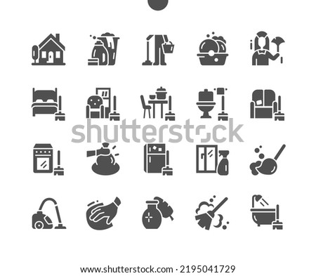 House cleaning. Sweep. Trash bag. Cleaning service. Clean window. Vector Solid Icons. Simple Pictogram