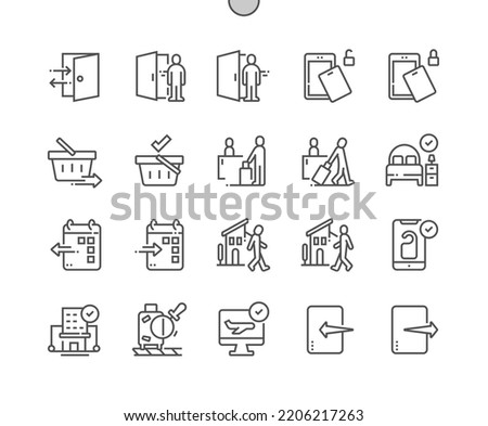 Checkin and  checkout. Hotel, room. Checkout date. Check in for flight abroad. Online checkin. Pixel Perfect Vector Thin Line Icons. Simple Minimal Pictogram