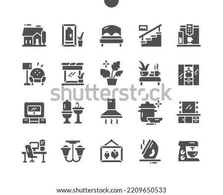 Home and living. House, door, bed, stairs, wardrobe, bathroom and other. Makeup table. Vector Solid Icons. Simple Pictogram