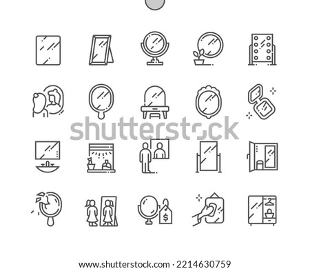 Mirror. Self reflection. Various mirrors - round, makeup, full length, bathroom interior. Furniture store. Pixel Perfect Vector Thin Line Icons. Simple Minimal Pictogram