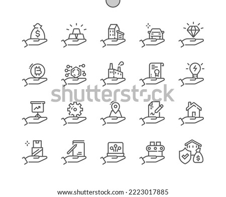 Business assets types. Finance and management. Gold, cryptocurrency, property, software, buildings and other. Pixel Perfect Vector Thin Line Icons. Simple Minimal Pictogram