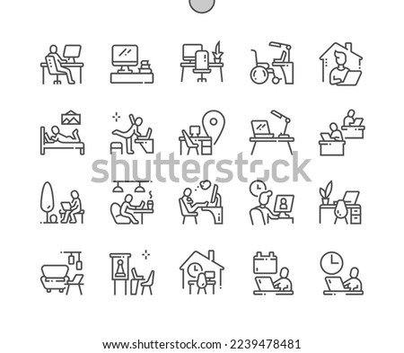 Work place. Remote work. Man at the desk. Video conference. Freelancer. Pixel Perfect Vector Thin Line Icons. Simple Minimal Pictogram