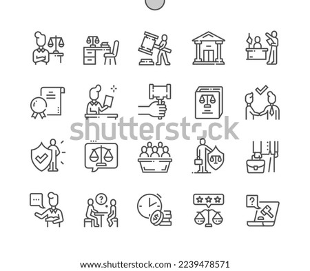 Attorneys. Courthouse, balance, gavel, law. Rating attorney. Jury. Pixel Perfect Vector Thin Line Icons. Simple Minimal Pictogram