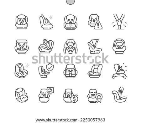 Baby car seat. Infant safety seat. Baby in car. Child restraint system. Pixel Perfect Vector Thin Line Icons. Simple Minimal Pictogram