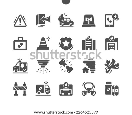 Emergencies. Medicine chest. Danger sign. Ambulance car. Fire department. Vector Solid Icons. Simple Pictogram