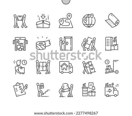 Moving service. Fast delivery. Packing tape. Office Move. Pixel Perfect Vector Thin Line Icons. Simple Minimal Pictogram