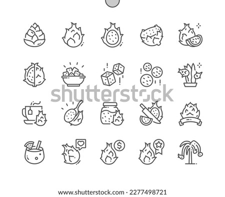 Dragon fruit. Summer tropical fruit. Cut half and whole pitaya. Food shop, supermarket. Pixel Perfect Vector Thin Line Icons. Simple Minimal Pictogram
