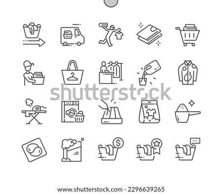 Delivery laundry service. Housekeeping. Cash counter. Dirty clothes. Washing machine. Pixel Perfect Vector Thin Line Icons. Simple Minimal Pictogram