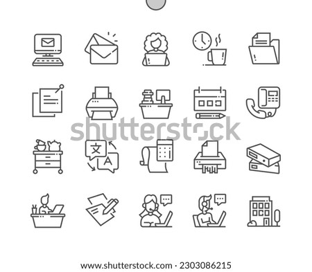 Secretary. Call center operator. Office, book, coffee break. Support service. Pixel Perfect Vector Thin Line Icons. Simple Minimal Pictogram