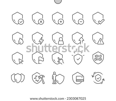Shield. Guard badge. Click shield, remove. Safety system. Pixel Perfect Vector Thin Line Icons. Simple Minimal Pictogram
