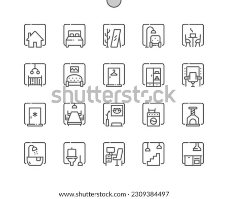 Room types. Bedroom, meditation room, work place, dressing room, kitchen, pets room. Home. Pixel Perfect Vector Thin Line Icons. Simple Minimal Pictogram