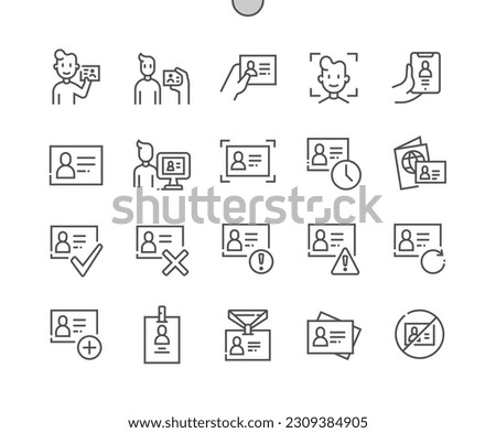 Id verification. Person identification. Hand holding id card. Pixel Perfect Vector Thin Line Icons. Simple Minimal Pictogram