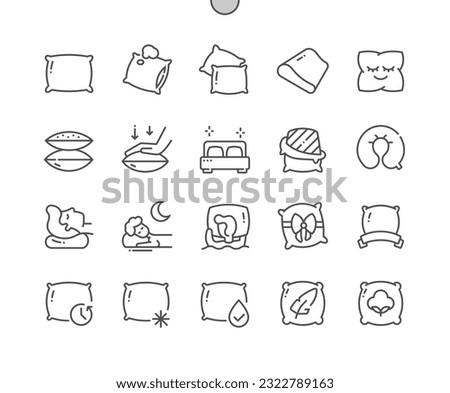 Pillow. Bedding, bedroom decorations. Memory foam. Neck pillow. Pixel Perfect Vector Thin Line Icons. Simple Minimal Pictogram
