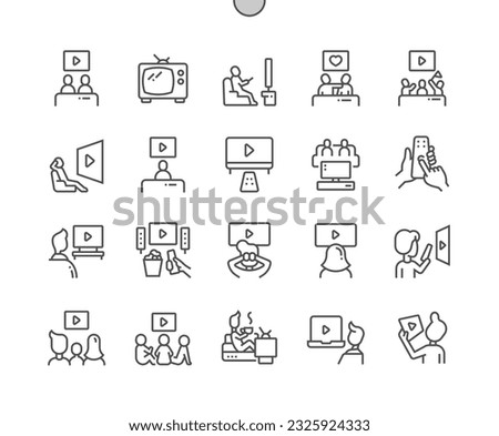 Watching tv. Home leisure. TV remote. Living room with furniture. People watching tv. Pixel Perfect Vector Thin Line Icons. Simple Minimal Pictogram